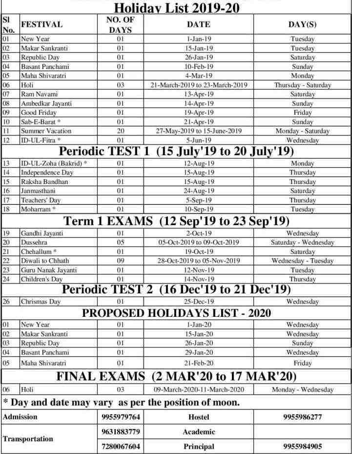 holiday list 2019-20 St. Joseph's Sr. Sec. SchoolHostel, CBSE School affiliated school, Muzaffarpur Bihar