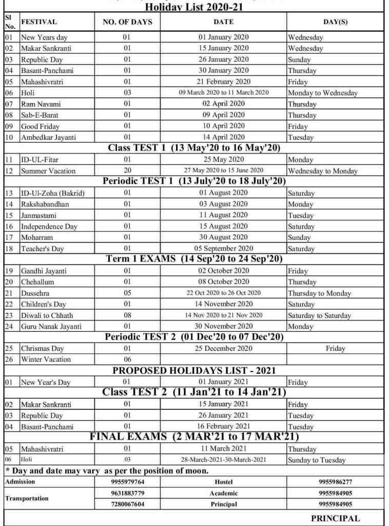 holiday list 2020-21 St. Joseph's Sr. Sec. SchoolHostel, CBSE School affiliated school, Muzaffarpur Bihar